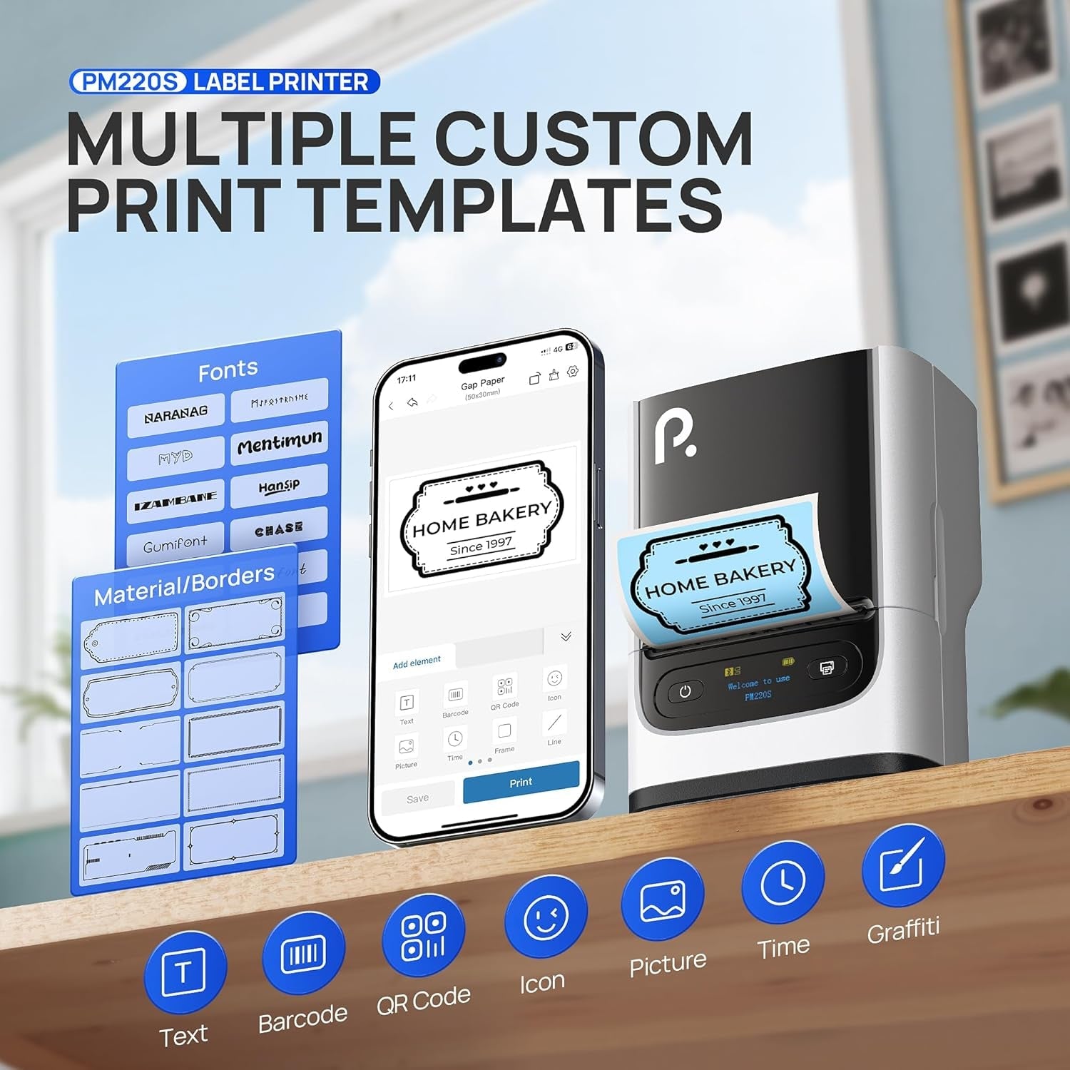 PM220S Label Maker Machine with Tape, 2 Inch Bluetooth Thermal Label Printer, Portable Sticker Printer for School, Office, Home, Business, Label Maker with 2'' X1.18'' Labels, White
