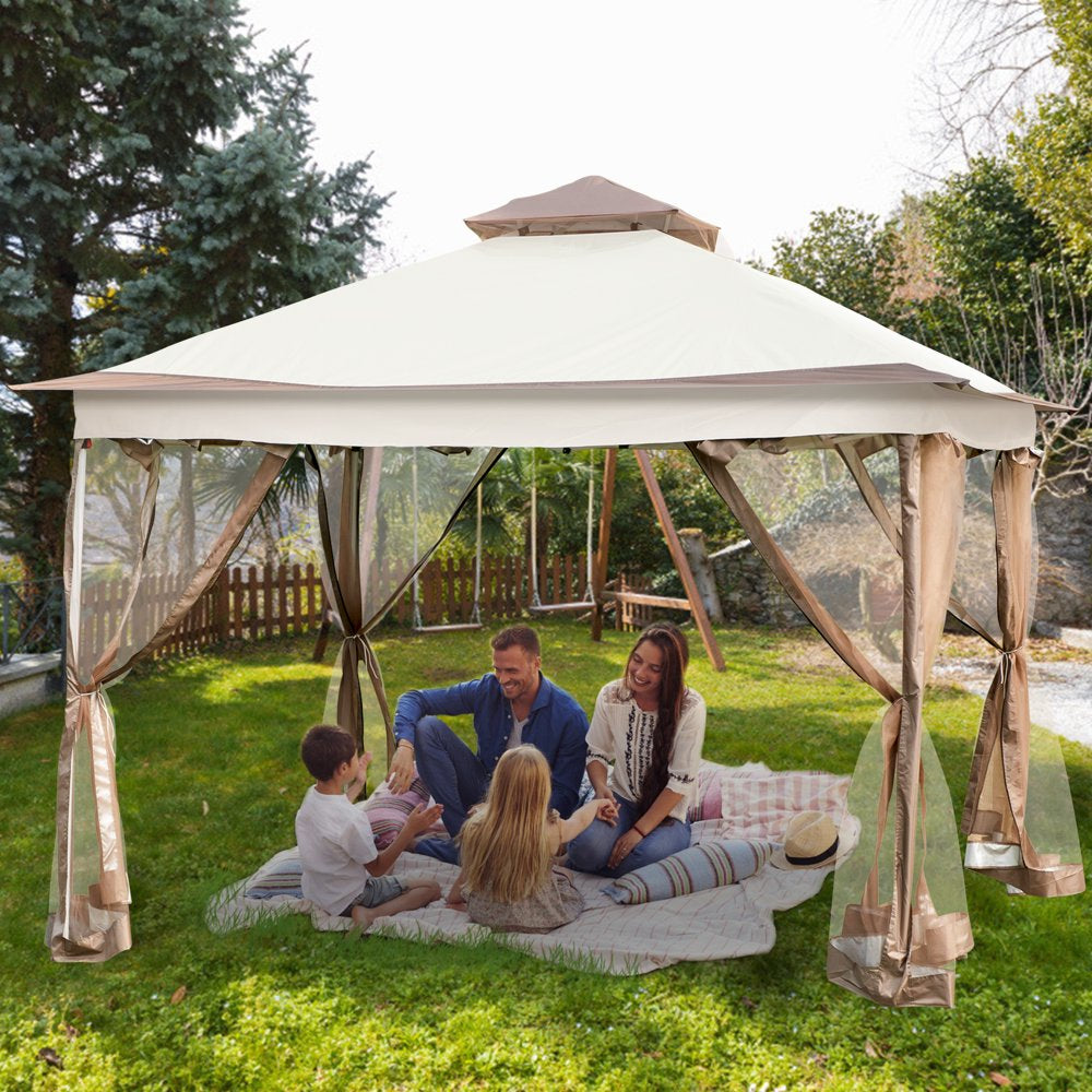 brand 12X12Ft Pop-Up Brown Rectangle Gazebo, Equipped with Four Sandbags, Ground Spikes, Netting, Ropes, Carrying Bag - Portable Brown Tent for Backyard, Patio and Lawn