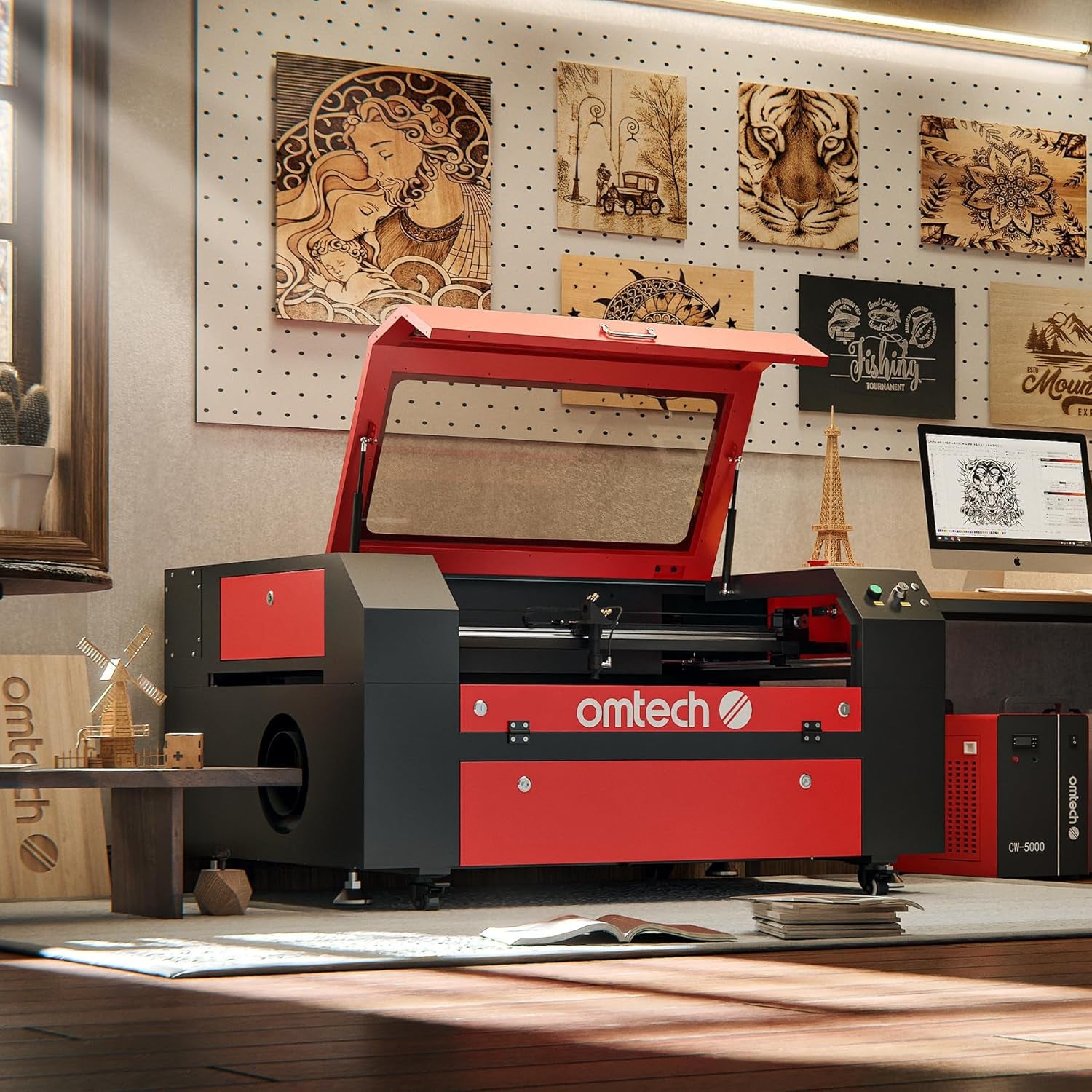 Omtech 60W CO2 Laser Engraver with Lightburn, 28X20 Inch Laser Engraving Cutting Machine with Autolift 4 Way Pass Air Assist Water Pump, Commercial Laser Engraver Cutter for Wood Glass Acrylic More