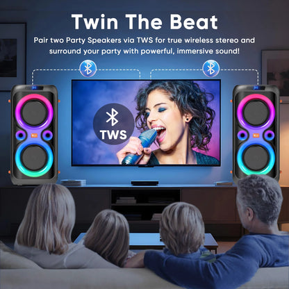 Dual 6.5-Inch 160W Large Loudest Party Speaker Bluetooth Wireless with Microphone Jack, Support USB TF, Rich Bass for DJ, Karaoke
