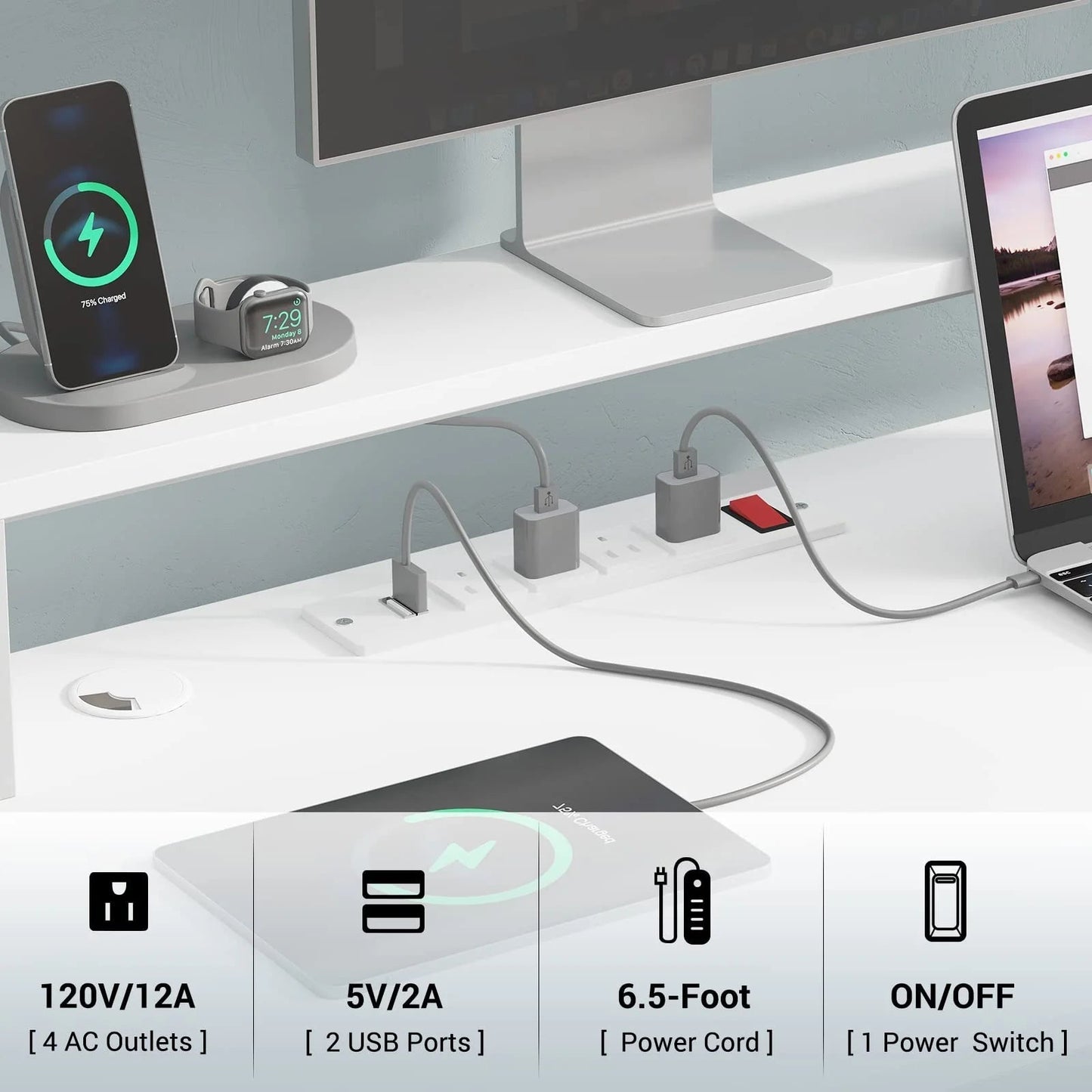 L Shaped Desk with LED Lights, Corner Computer Desk with File Drawer and Power Outlet, Gaming Desk for Home Office, White