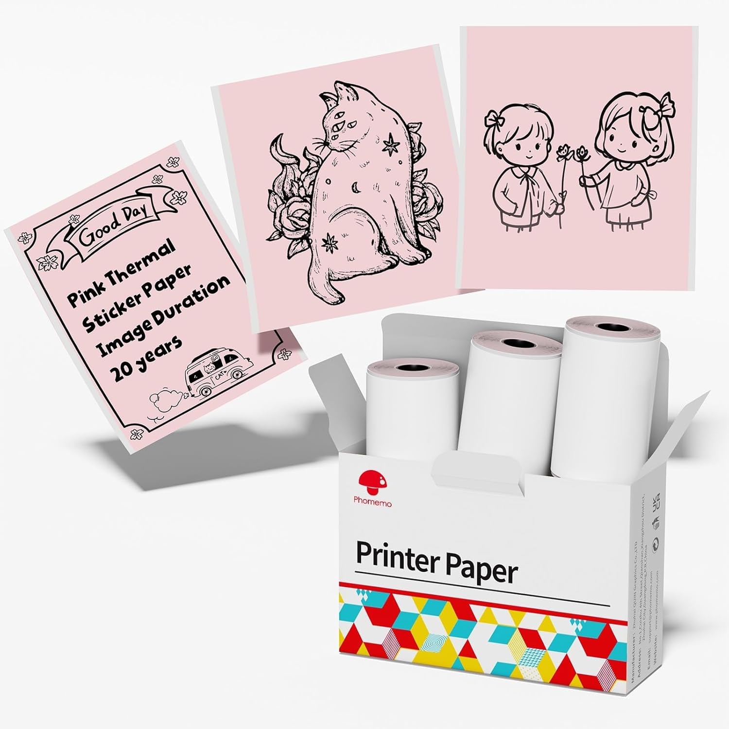 Phomemo Pink Self-Adhesive Thermal Paper, Glossy Printable Sticker Paper Label for Phomemo M02/M02 Pro/M02S/P2S/M03/M04S Mini Sticker Printer, 50Mm X 3.5M, Diameter 28Mm, 3-Rolls, Image Time 20 Years