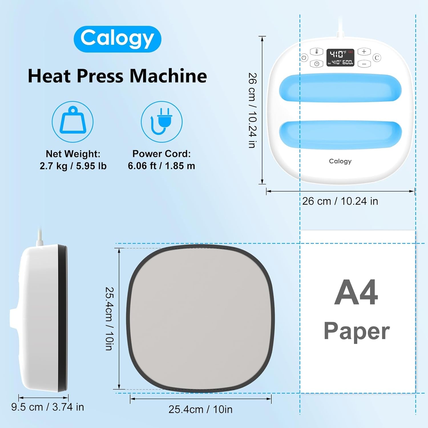 Calogy Heat Press Machine for T-Shirts 10"X10", Portable Heat Press Fast up to 410℉(210 ºc), Precise Temp Control, 15 Mins Auto off for Bag, Pillows Sublimation Vinly Transfer (White Blue, 10 X 10 In)