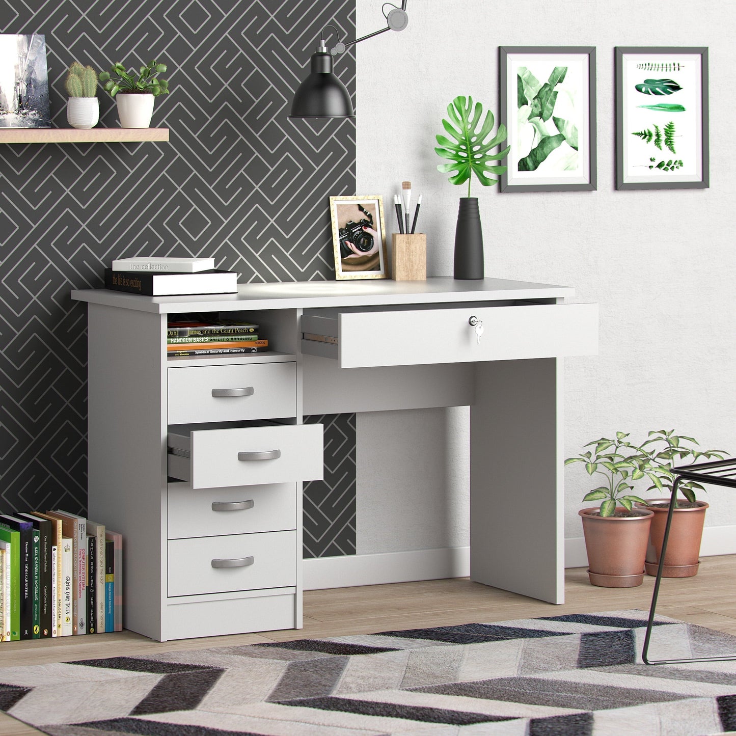 Walden 5 Drawer Office Desk with 1 Locking Drawer for Adults, White