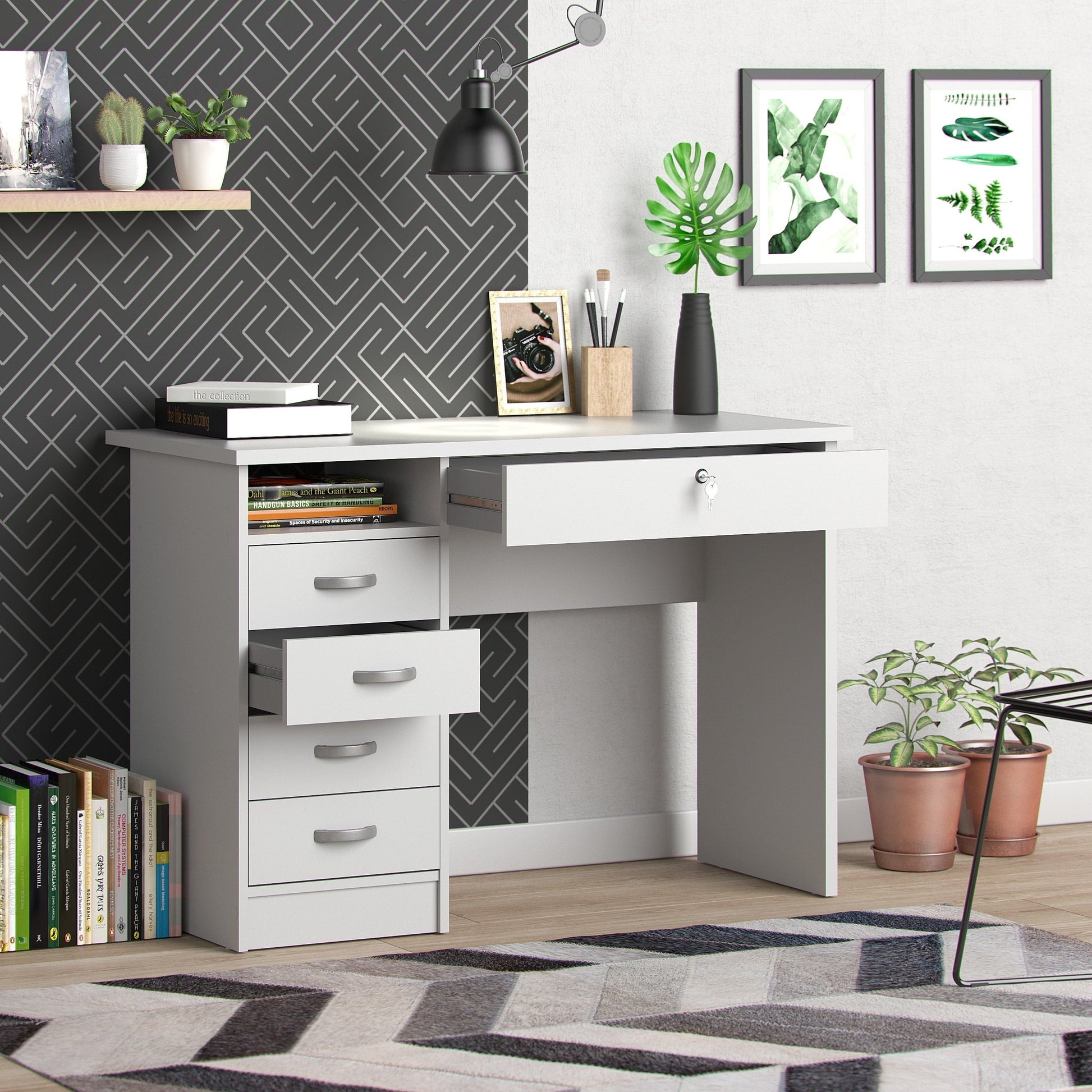 Walden 5 Drawer Office Desk with 1 Locking Drawer for Adults, White