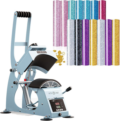 Hat Press Machine - Hat Press Heat Machine for Caps + Glitter Heat Transfer Vinyl Bundle - 15 Pack 12" X 10" HTV Sheets Glitter HTV Vinyl for T-Shirts