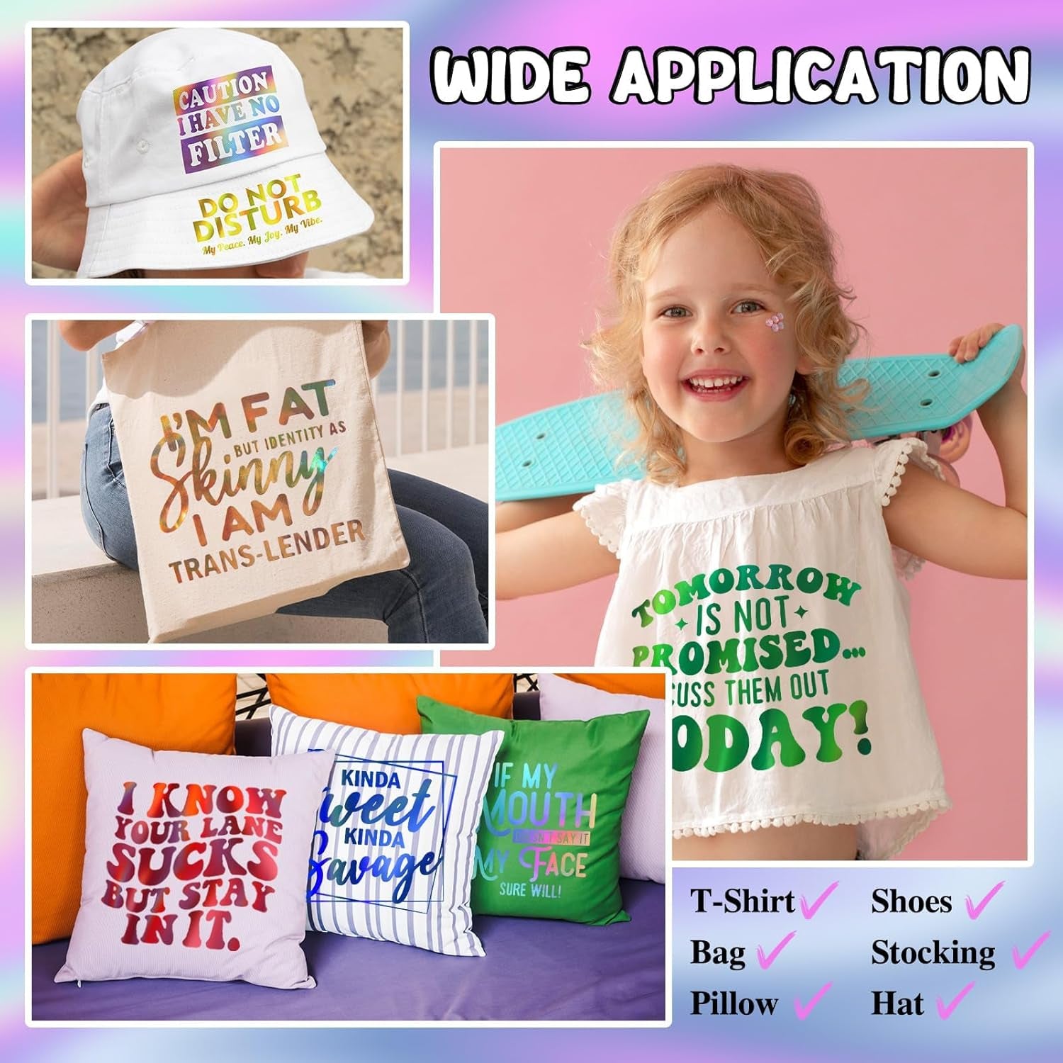 Metallic Holographic Heat Transfer Vinyl - 7 Sheets 12"X12" Iron on Vinyl for T-Shirts, Clothes, Bags, Pillows and More, Compatible with Most Cutter Machines