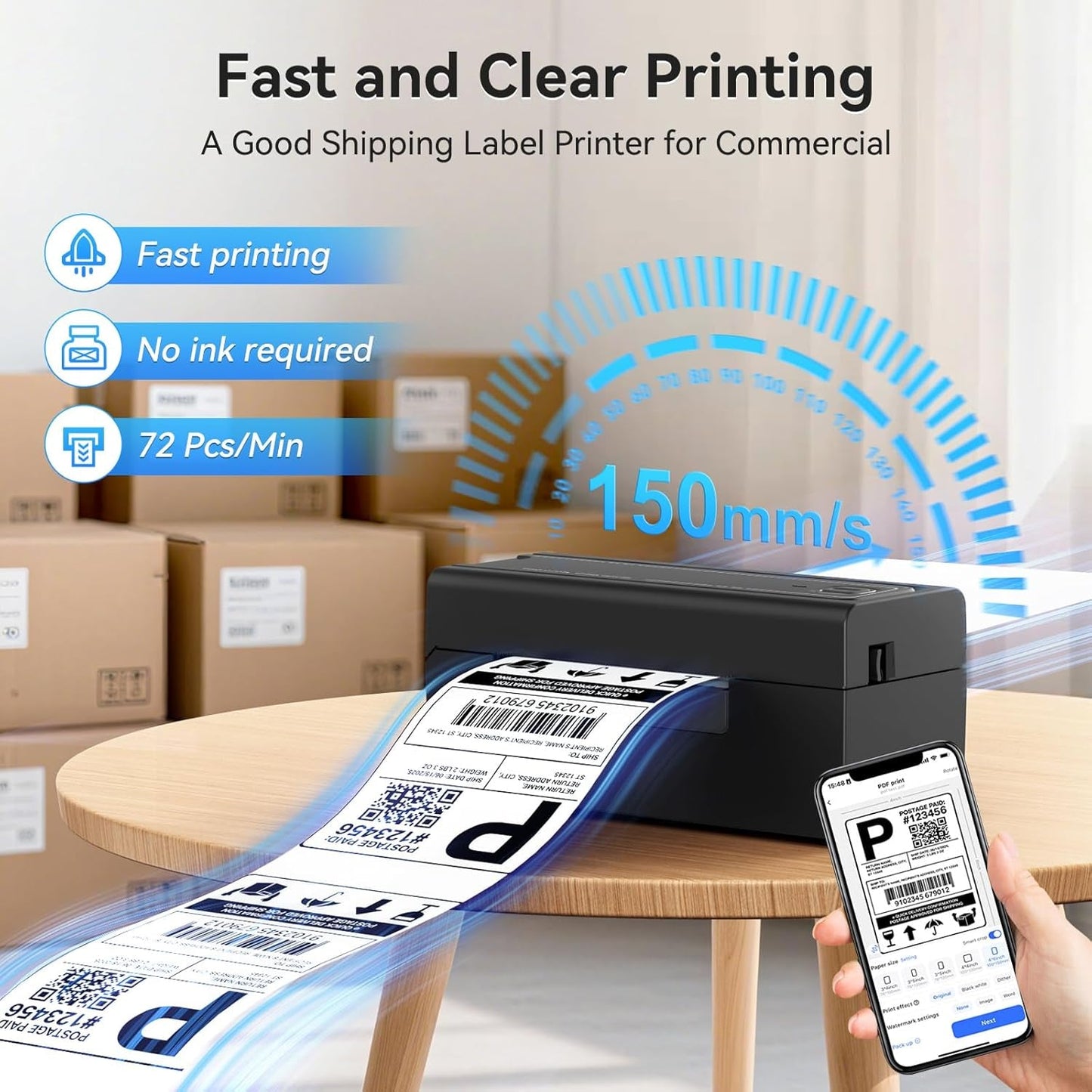 Bluetooth Thermal Label Printer, Wireless 4X6 Shipping Label Printer for Small Business & Shipping Packages, Support Iphone, Android, Windows, Macos, Work for Amazon, Ebay, Shopify, Etsy, USPS