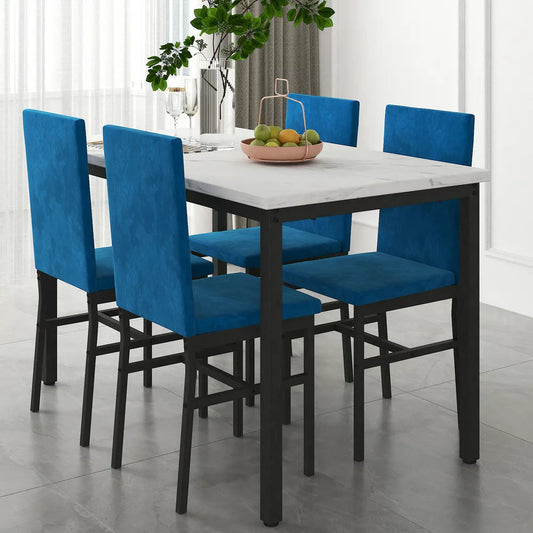 Dining Table Set for 4, Wood Dine Table with 4 Velvet Chairs, Modern Kitchen Table Set for Home, Breakfast Nook, Cafeteria Dining Room, JA4366