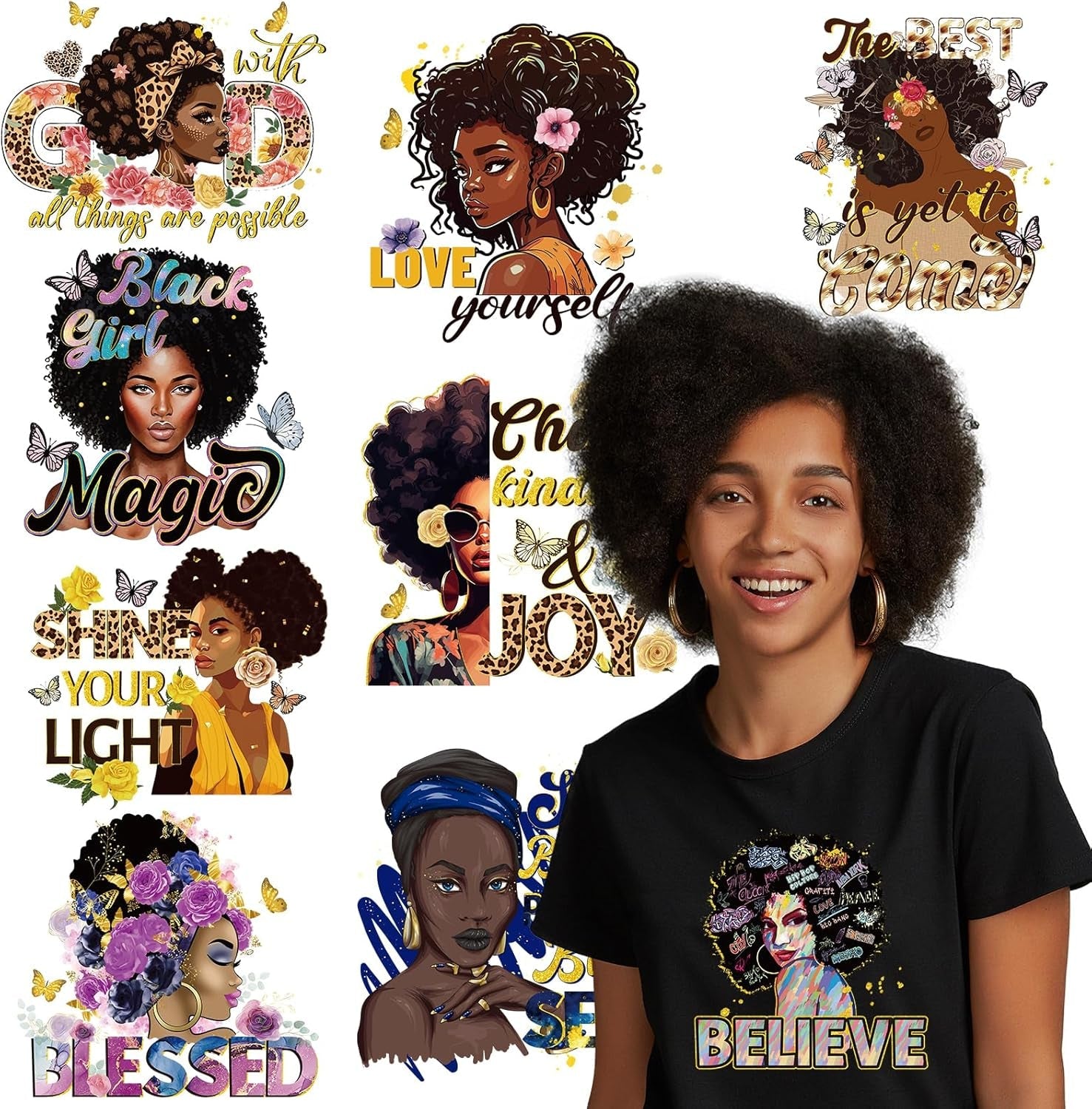 Dtf Transfers Ready to Press - 9 Pcs Black Girl Iron on Transfers for T-Shirts Heat Transfer Vinyl Stickers African Black Women Iron on Patches Decals for Clothes Bag Pillow DIY Fabric Decor