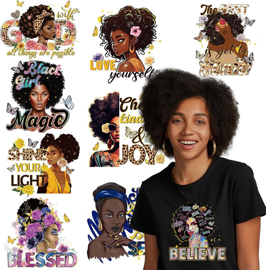 Dtf Transfers Ready to Press - 9 Pcs Black Girl Iron on Transfers for T-Shirts Heat Transfer Vinyl Stickers African Black Women Iron on Patches Decals for Clothes Bag Pillow DIY Fabric Decor