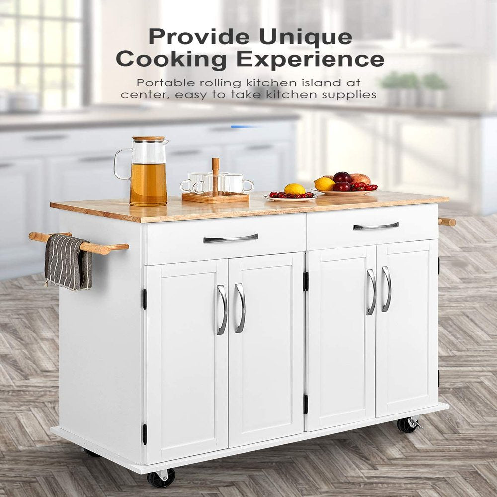 41'' Kitchen Island on Wheels, Rolling Island Cart with Lockable Casters, Handle Towel Rack and 2 Drawers, White