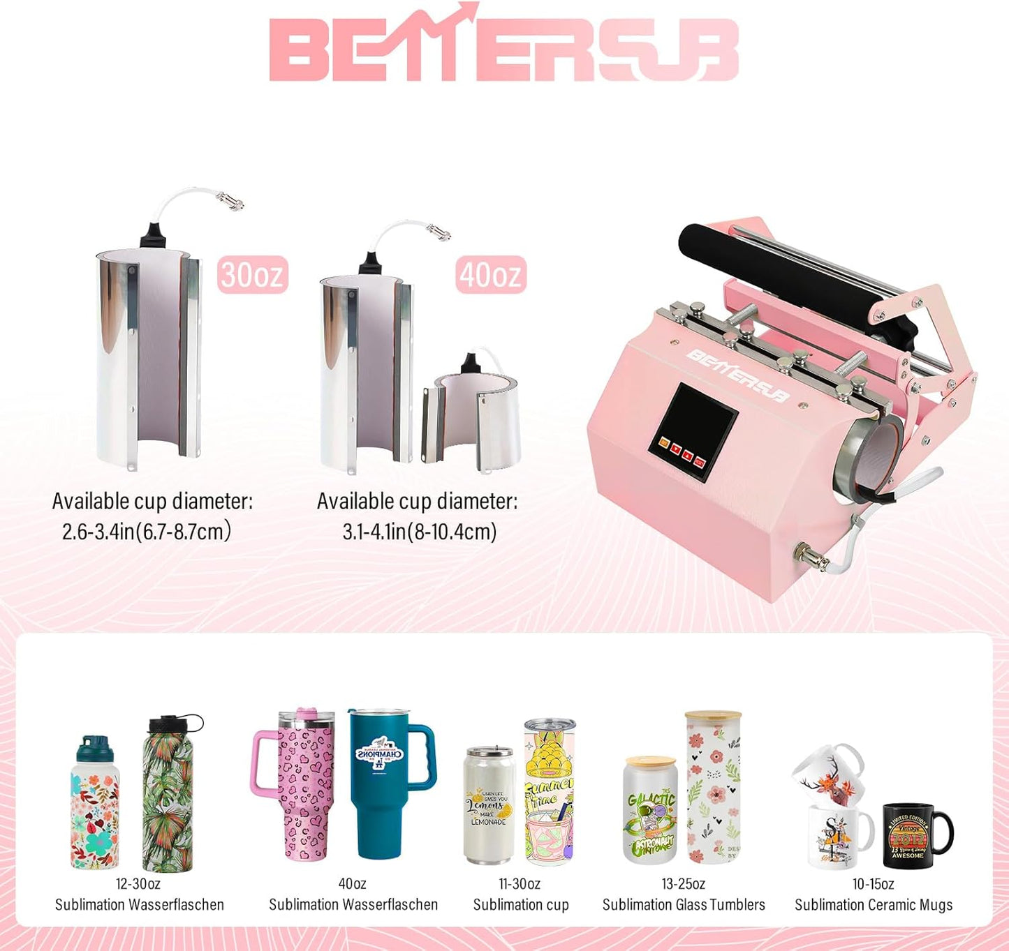 Bettersub 3In1 40 OZ Tumbler Mug Heat Press Machine 30 OZ 20 OZ 16 OZ Sublimation Straight Skinny Tumbler Mug,11 OZ 15 OZ 16 OZ Sublimation Mug Heat Transfer Pink