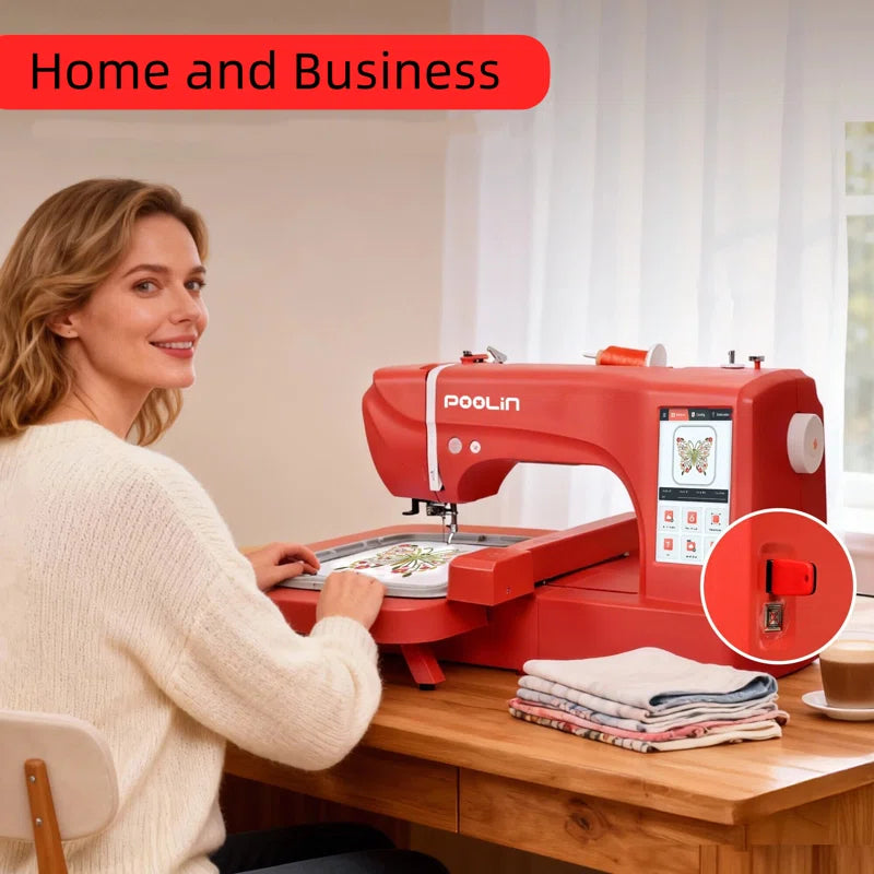 Poolin EOC07-RE Computerized Embroidery Machine 7.8In*14.9In Max Embroidery Area with 4 Hoops, 7 Inch LCD Touchscreen, 8 Fonts,12 Languages,200 Fancy Patterns, USB & Wireless, Software