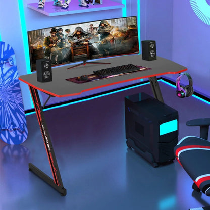 47 Inch Z Shaped Ergonomic Adults Gaming Desk with Headphone Hook for Game Players，Red