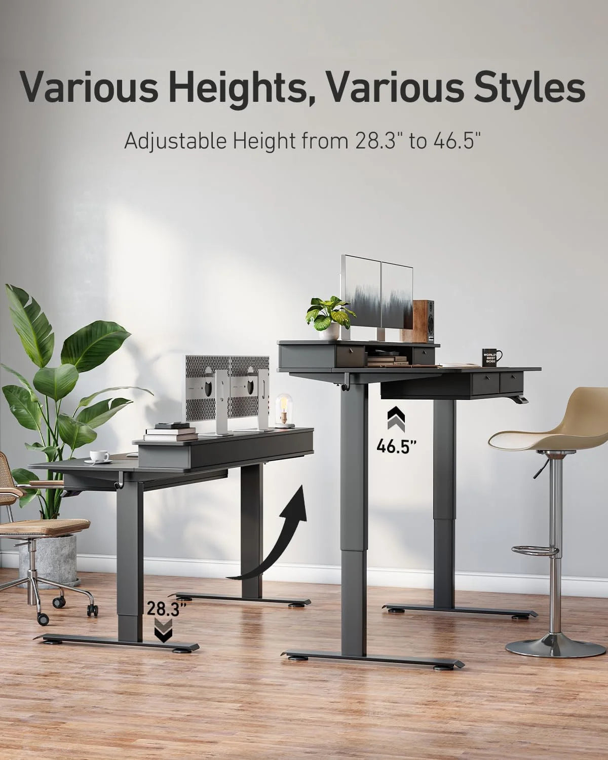 63 X 24 Inch Height Adjustable Electric Standing Desk with Drawers, Stand up Table with Large Storage Shelf, Sit Stand Desk for Home Office, Black