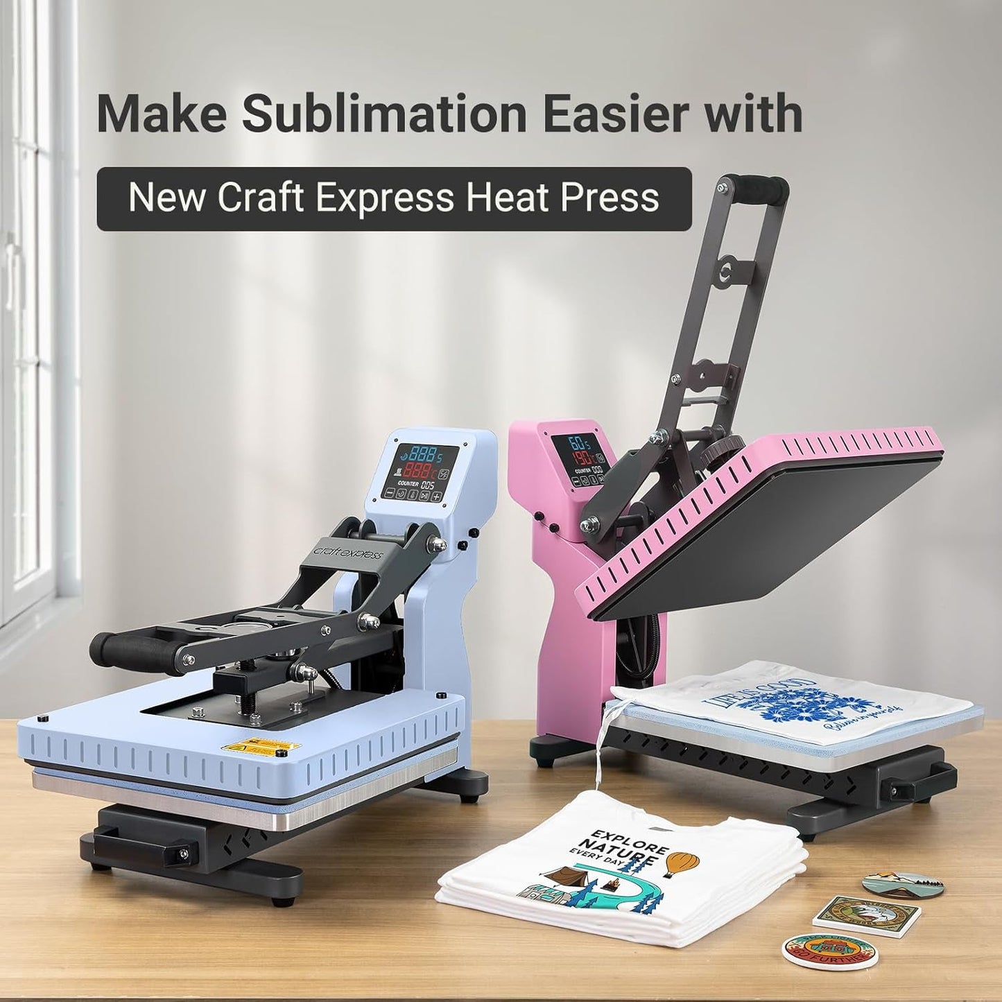 Craft Express Heat Press Machine for T-Shirts,15 X 15 Inches Large Sublimation Flat Tshirt Heat Press for HTV Vinyl Heat Press Transfer Totes,Pillows,Oranments Printing Pink,Customer Service in USA