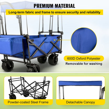 brand Collapsible Wagon Cart Blue, Foldable Wagon Cart Removable Canopy 600D Oxford Cloth, Collapsible Wagon Oversized Wheels, Portable Folding Wagon Adjustable Handles, Beach, Garden, Sports