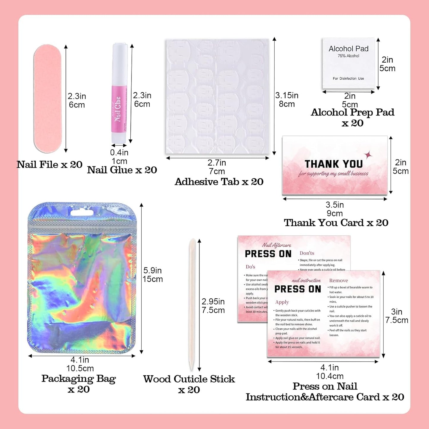 Press on Nail Tool Kit for Nail Business, Nail Prep Application Disposable Kit with Nail File, Nail Glue, Prep Pads, Instruction Card, Adhesive Nail Tabs, Wood Stick, Holographic Bag (20Pcs in Pink)