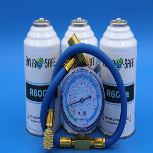 Envirsosafe R600A Refrigerant, 3 Cans and Gauge, R-600A, R600, Refrigerators, Coolers