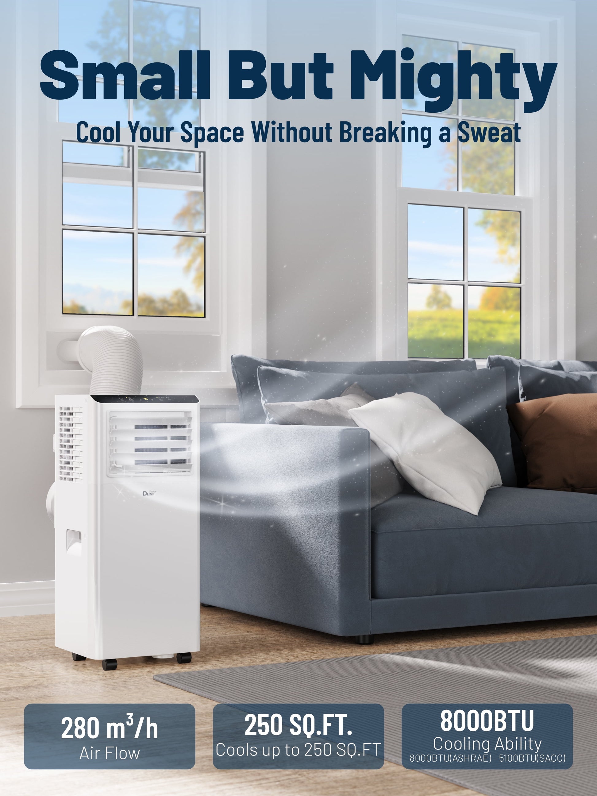 8000 BTU Portable Air Conditioner, 3-In-1 AC Unit, Dehumidifier, Fan, Remote, Timer, for Room up to 230 Sq.Ft