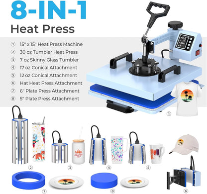 Pro 15X15 Heat Press with 30 OZ Tumbler Attachment, 8In1 Combo Tumbler Heat Press for T-Shirts, Tumblers Glass Cans Mugs Hats, and Plates