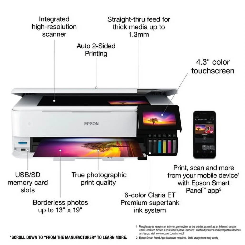 Ecotank Photo ET-8550 Wireless Wide-Format Color All-In-One Supertank Printer with Scanner, Copier, Ethernet