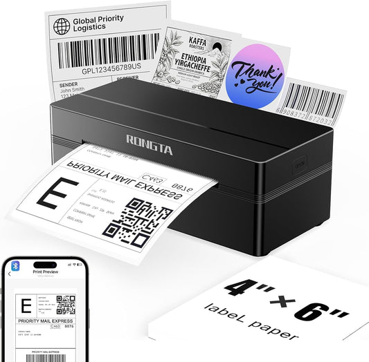 Rongta Bluetooth Shipping Label Printer, Wireless 4X6 Thermal Label Printer for Shipping Packages, Support Android, Iphone, Widely Used for Amazon, Ebay, Shopify, Etsy, UPS, Black