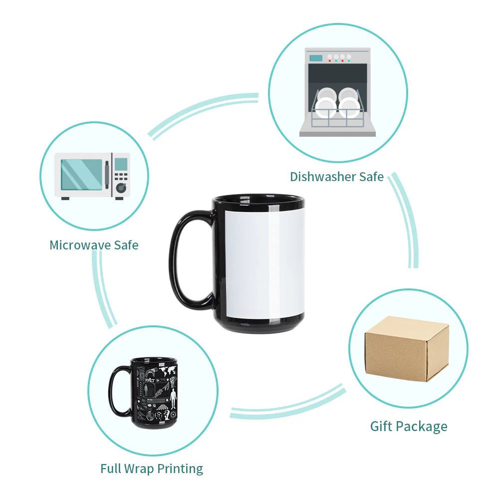 Wholesale 15 OZ Sublimation Ceramic Coffee Mugs Black with White Patch & Strong Inner Box 8 Pack
