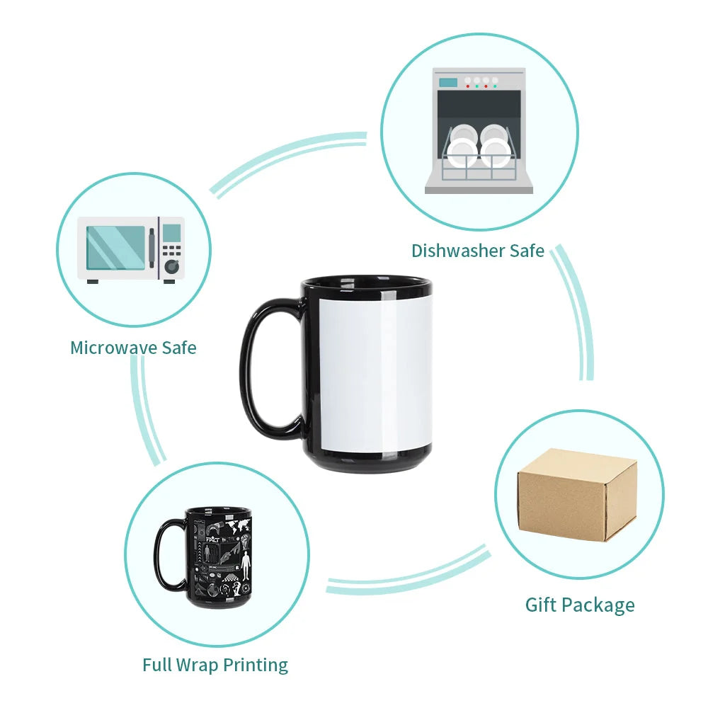 Sublimation Coffee Mugs Blank Black with White Patch 15 OZ 8 Pack
