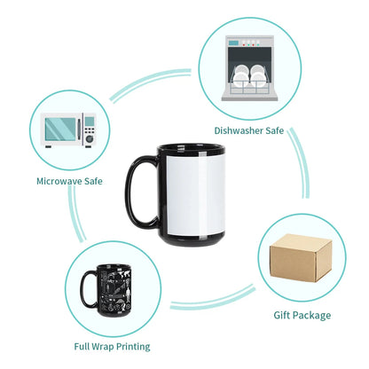 Sublimation Coffee Mugs Blank Black with White Patch 15 OZ 8 Pack