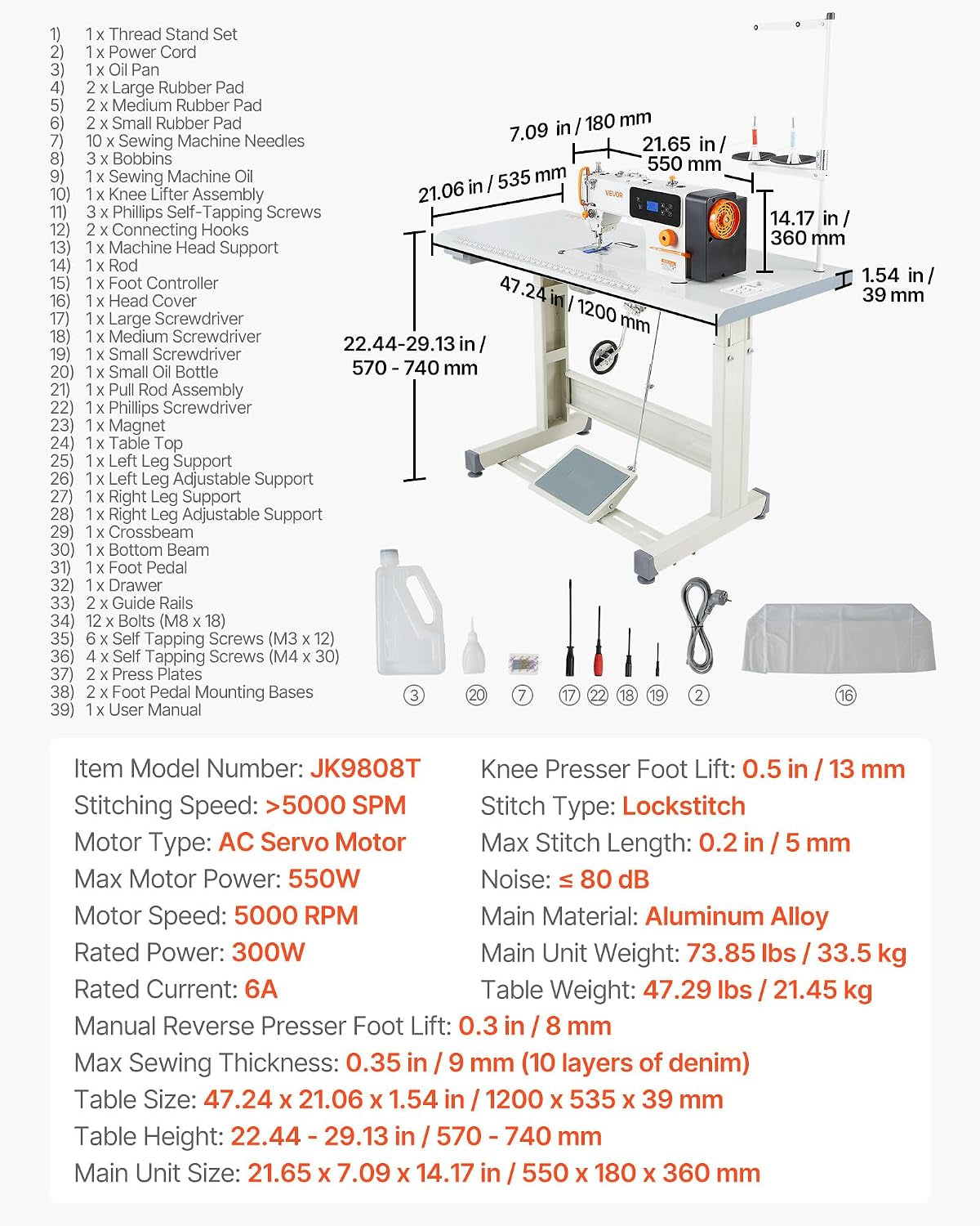 VEVOR Industrial Lockstitch Sewing Machine, 550W Servo Motor Commercial Sewing Machine Set with Table Stand, 5000 SPM High Speed, Auto Thread Trimmer, Metal Frame for Denim Cotton Sewing