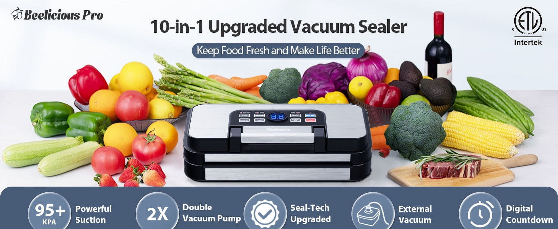 95Kpa Powerful Vacuum Sealer, Aeitto Food Sealer with 10-In-1 Functions, Easy-Lock Handle, Double Heat Seal & Double Pump, for Food with Bags Storage, Built-In Cutter,Stainless Steel