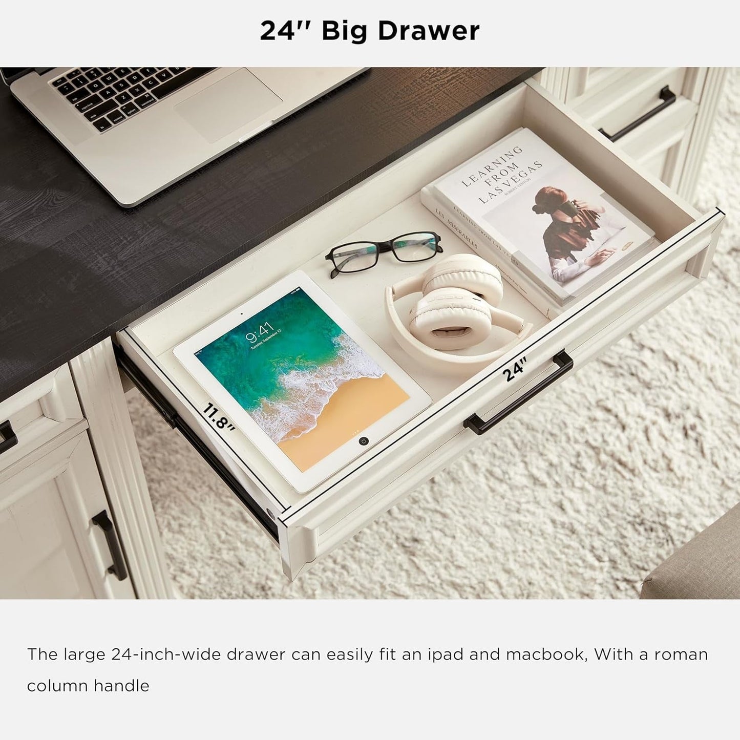 Farmhouse Wood 58" Executive Desk, Home Office 30" High Computer Desk with Drawers and Storage Cabinet, White