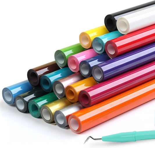 HTV Heat Transfer Vinyl Bundle - 20 Pack 12'' X 3FT Iron on Vinyl for All Cutting Machine, Easy to Use Heat Transfer Vinyl for T Shirts, HTV Vinyl Bundle with 20 Assorted Colors