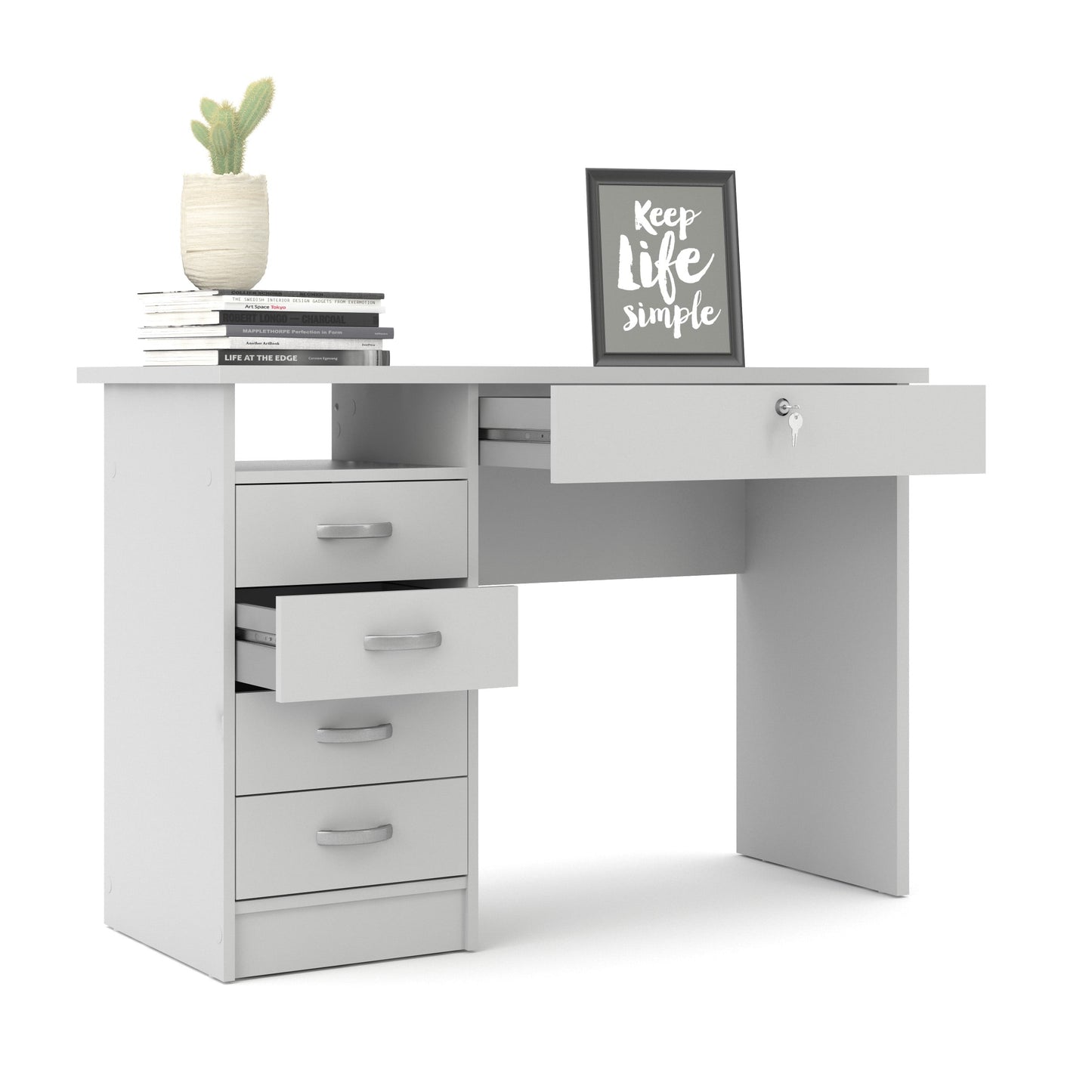 Walden 5 Drawer Office Desk with 1 Locking Drawer for Adults, White
