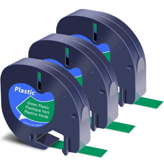 3PK 12Mm 4M Black on Green Plastic Label Tape Compatible for Dymo 91334 91204 91224 59425 S0721640 Letratag Printer