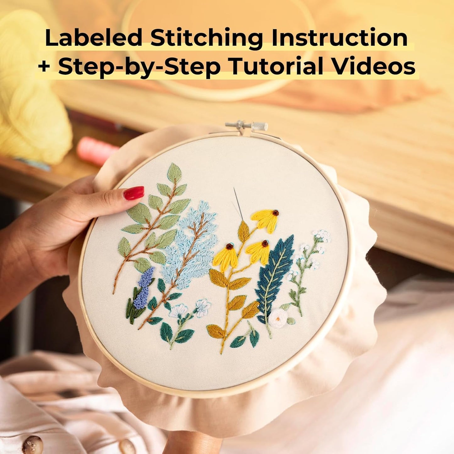 Embroidery Kit for Beginners- 3 Pcs Needlepoint Kits for Adults with Step by Step Video, Flower Beginner Embroidery Kit for Adults, Pre-Printed Patterns for Gift for Women