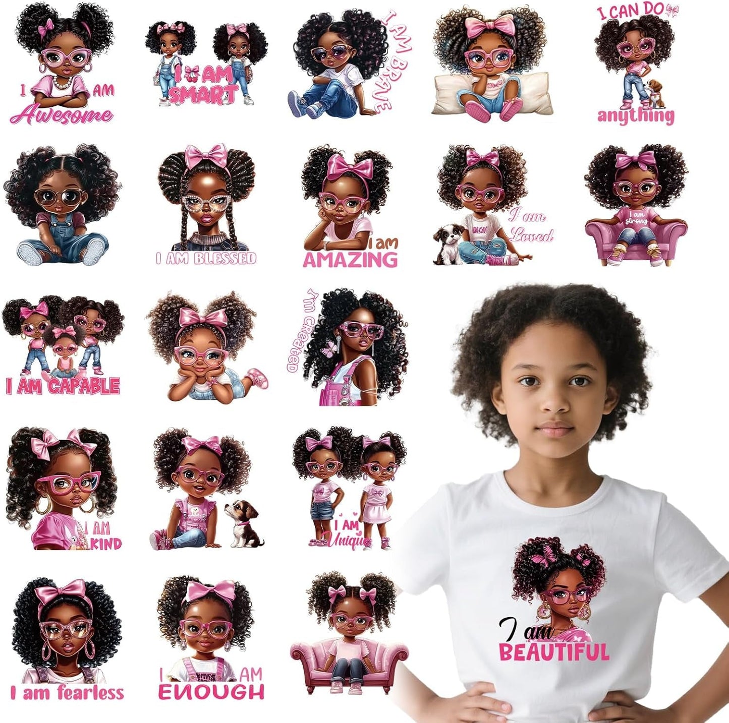 DTF Transfers Ready to Press - 20Pcs Black Little Girl Iron on Transfers for Tshirts, Chibi Afro Girl Iron on Decals Patches, Afican American Young Princess Sublimation for DIY Clothes Jeans