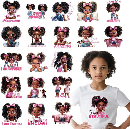 DTF Transfers Ready to Press - 20Pcs Black Little Girl Iron on Transfers for Tshirts, Chibi Afro Girl Iron on Decals Patches, Afican American Young Princess Sublimation for DIY Clothes Jeans