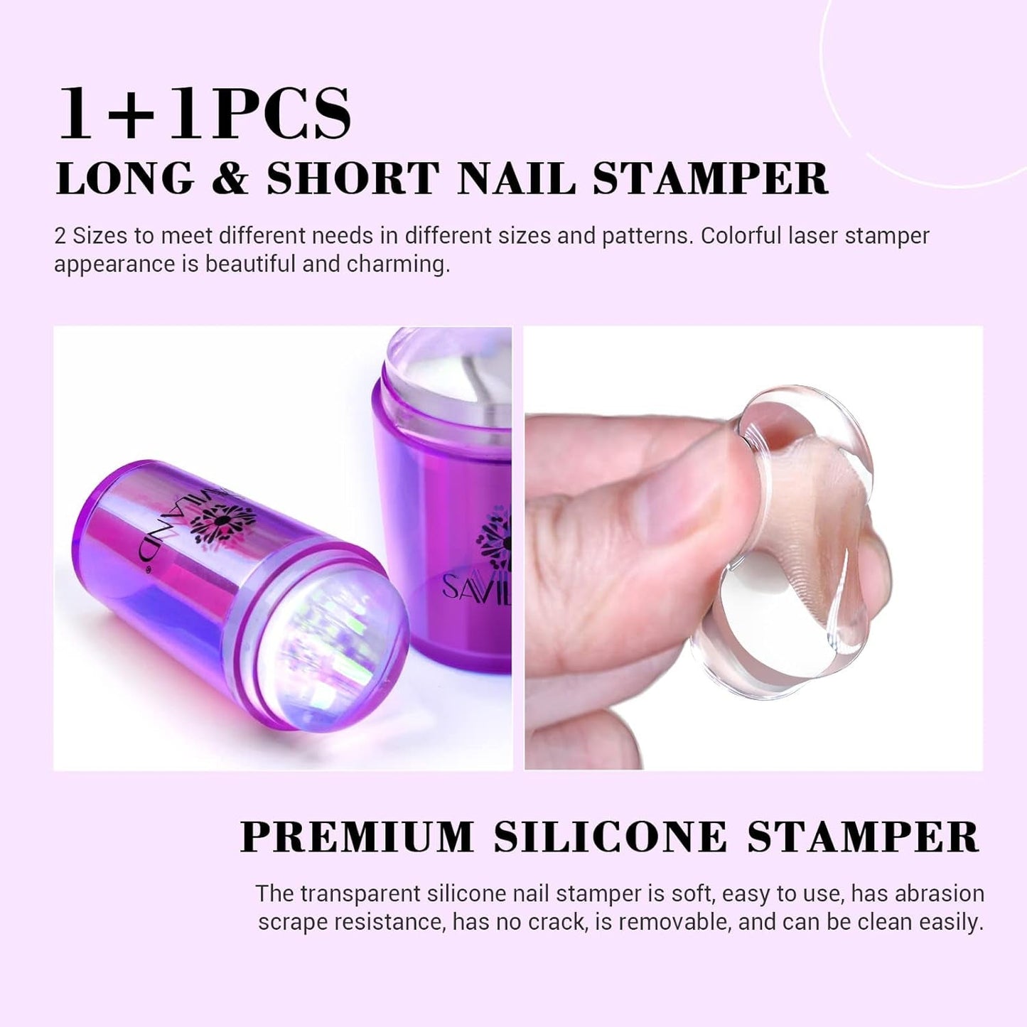 Saviland French Tip Nail Stamp: 5PCS Purple Radium Jelly Stamper Nail Art Stamper Kit, Long & Short Clear Silicone Nail Stamping with Scrapers Nail Stamp for French Manicure