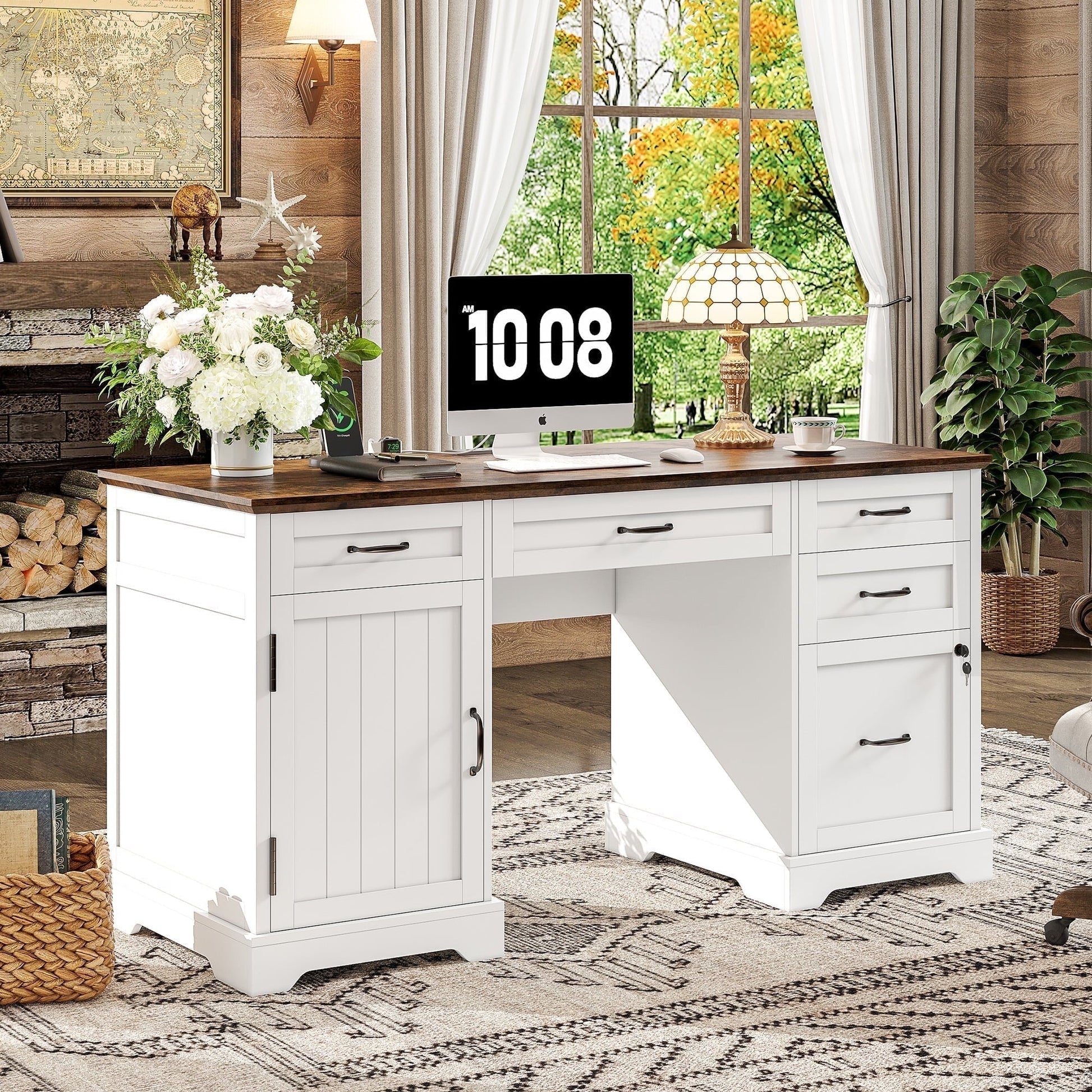 Executive Desk with File Drawers, 55'' Farmhouse Desk Modern for Adult Home Office, White