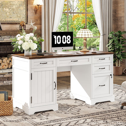 Executive Desk with File Drawers, 55'' Farmhouse Desk Modern for Adult Home Office, White