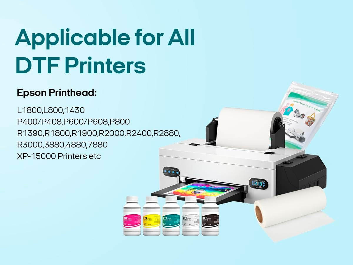 Procoloredfun DTF Ink 1500 Ml and Powder Set 6 X 250Ml Ink Cmykw+Protection Fluid 500 G DTF Powder for A3 A4 L1800 L805 DTF Printer Machine Direct to Transfer Supply Kits