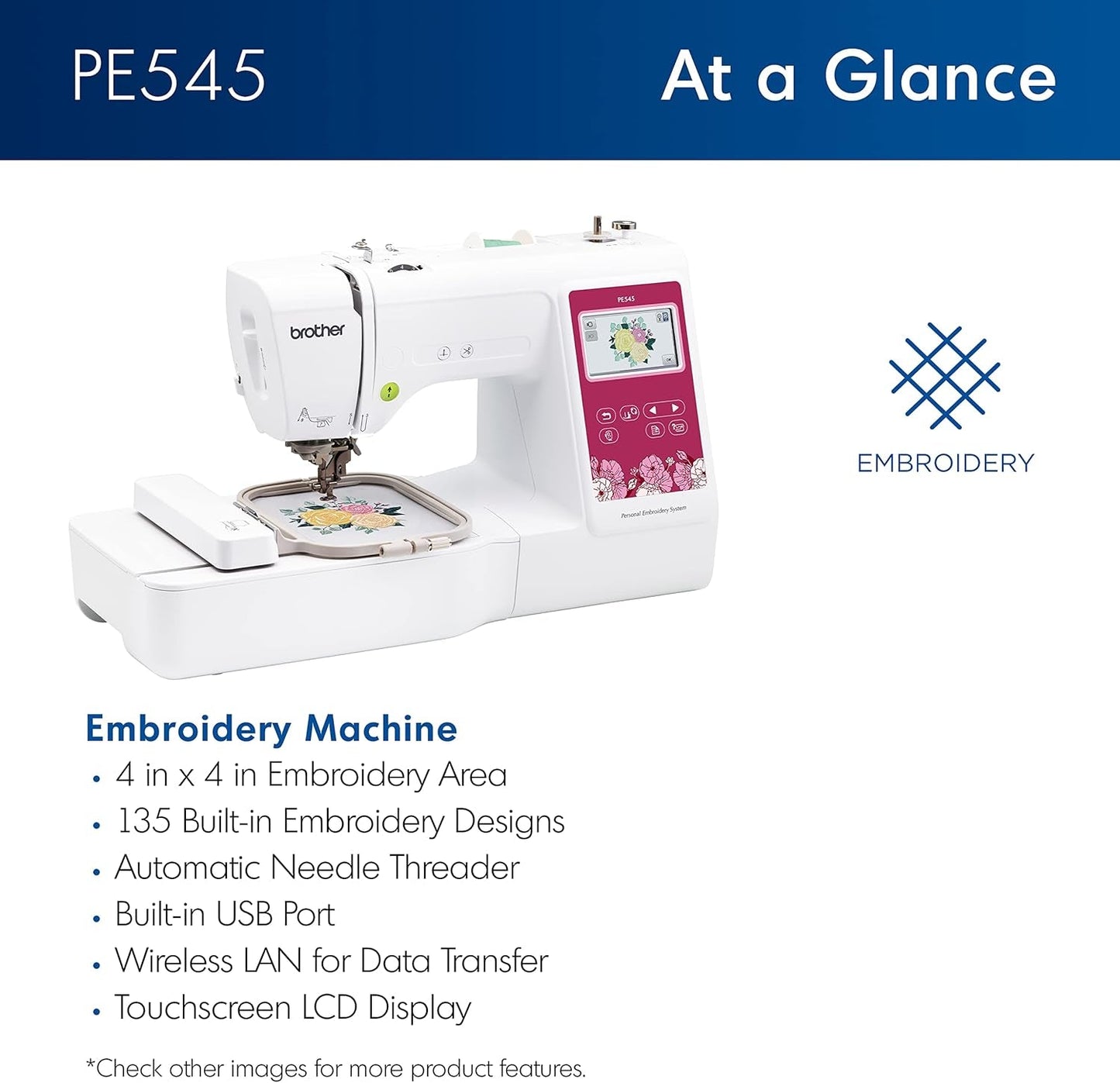 Brother PE545 Embroidery Machine, Wireless LAN Connected, 135 Built-In Designs, 4" X 4" Hoop Area, Large 3.7" LCD Touchscreen, USB Port, 10 Font Styles