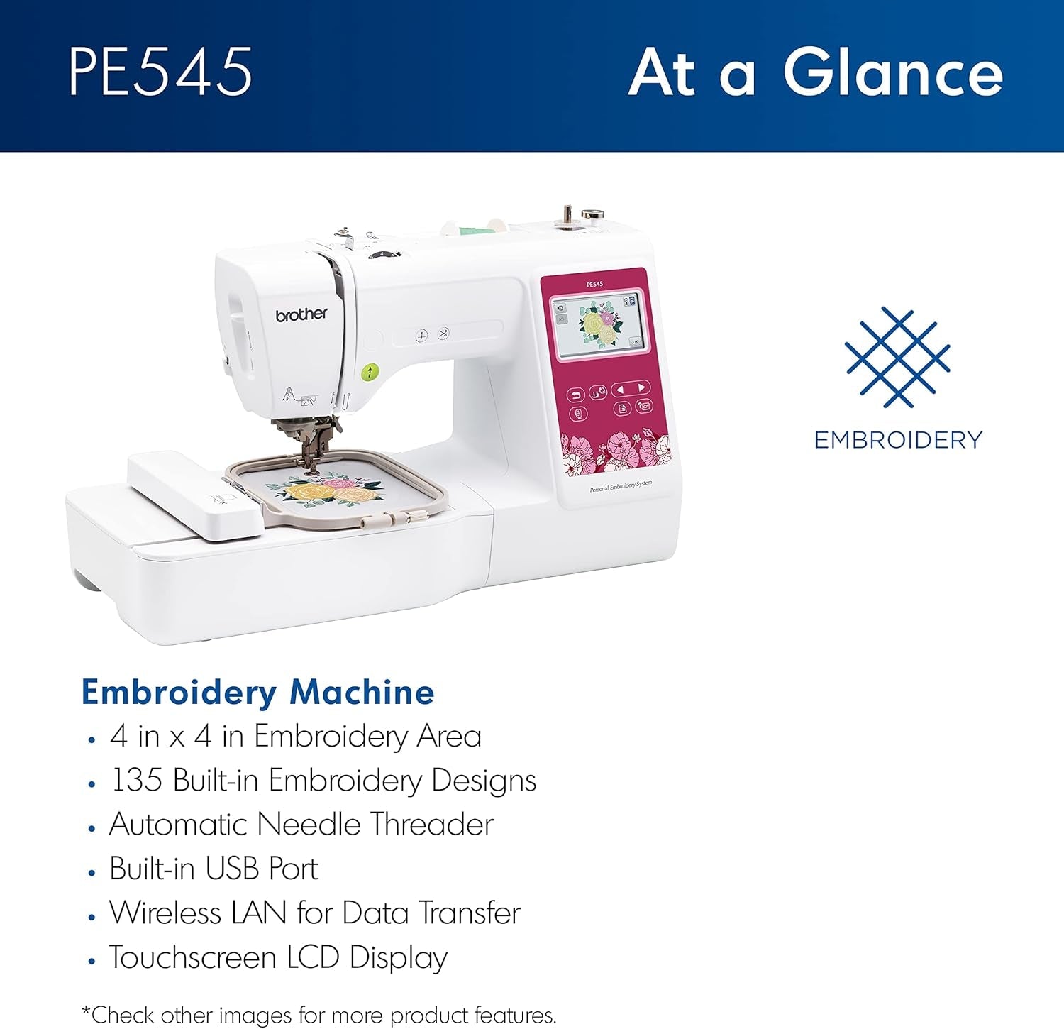Brother PE545 Embroidery Machine, Wireless LAN Connected, 135 Built-In Designs, 4" X 4" Hoop Area, Large 3.7" LCD Touchscreen, USB Port, 10 Font Styles