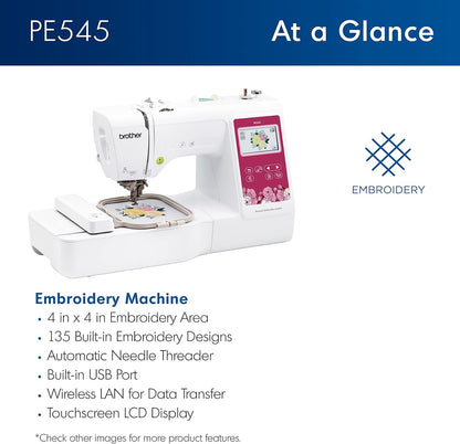 Brother PE545 Embroidery Machine, Wireless LAN Connected, 135 Built-In Designs, 4" X 4" Hoop Area, Large 3.7" LCD Touchscreen, USB Port, 10 Font Styles