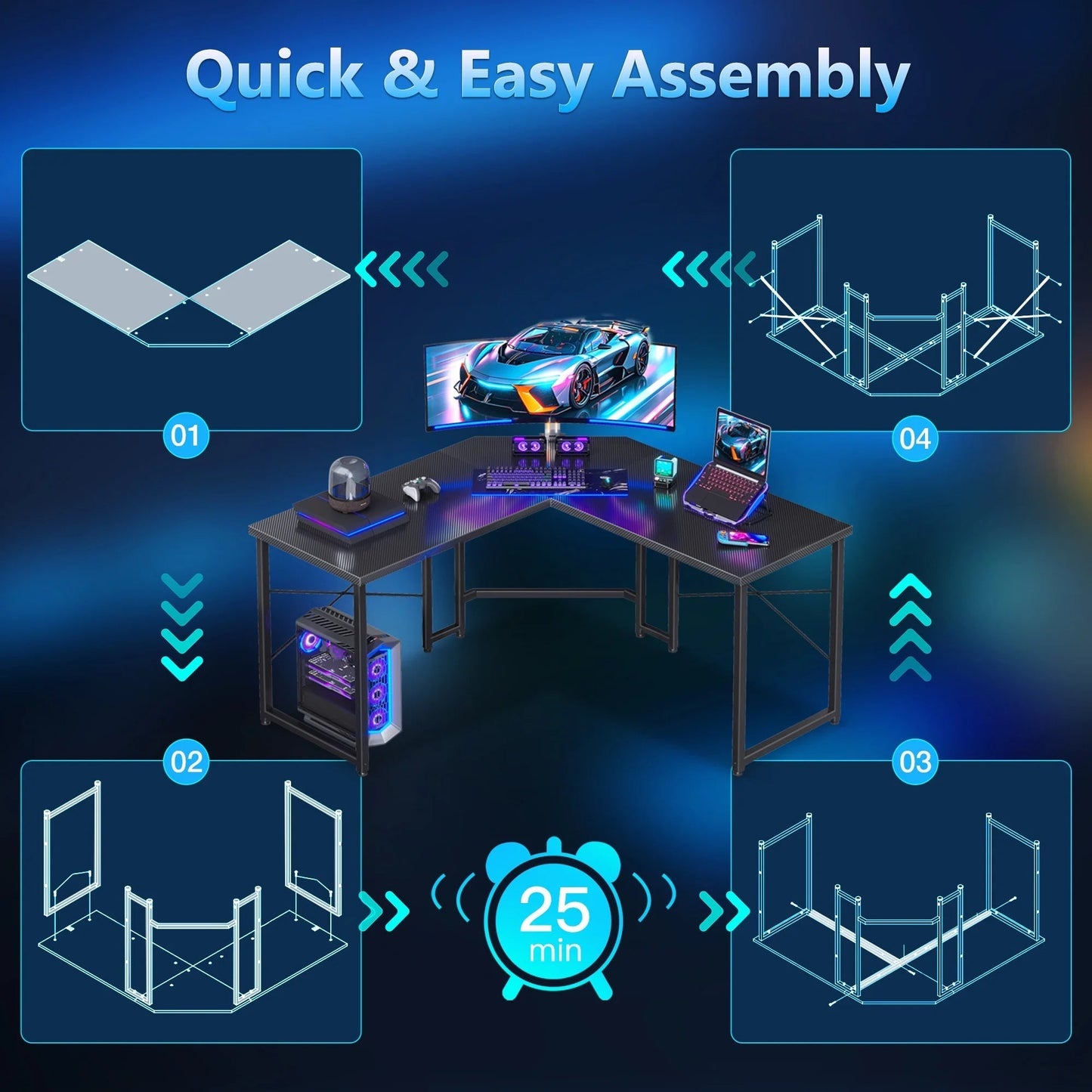 Computer Desk L Shaped, 51 Inch Reversible L Shaped Desk, Gaming Desk, Home Office Desk, Carbon Fiber Black