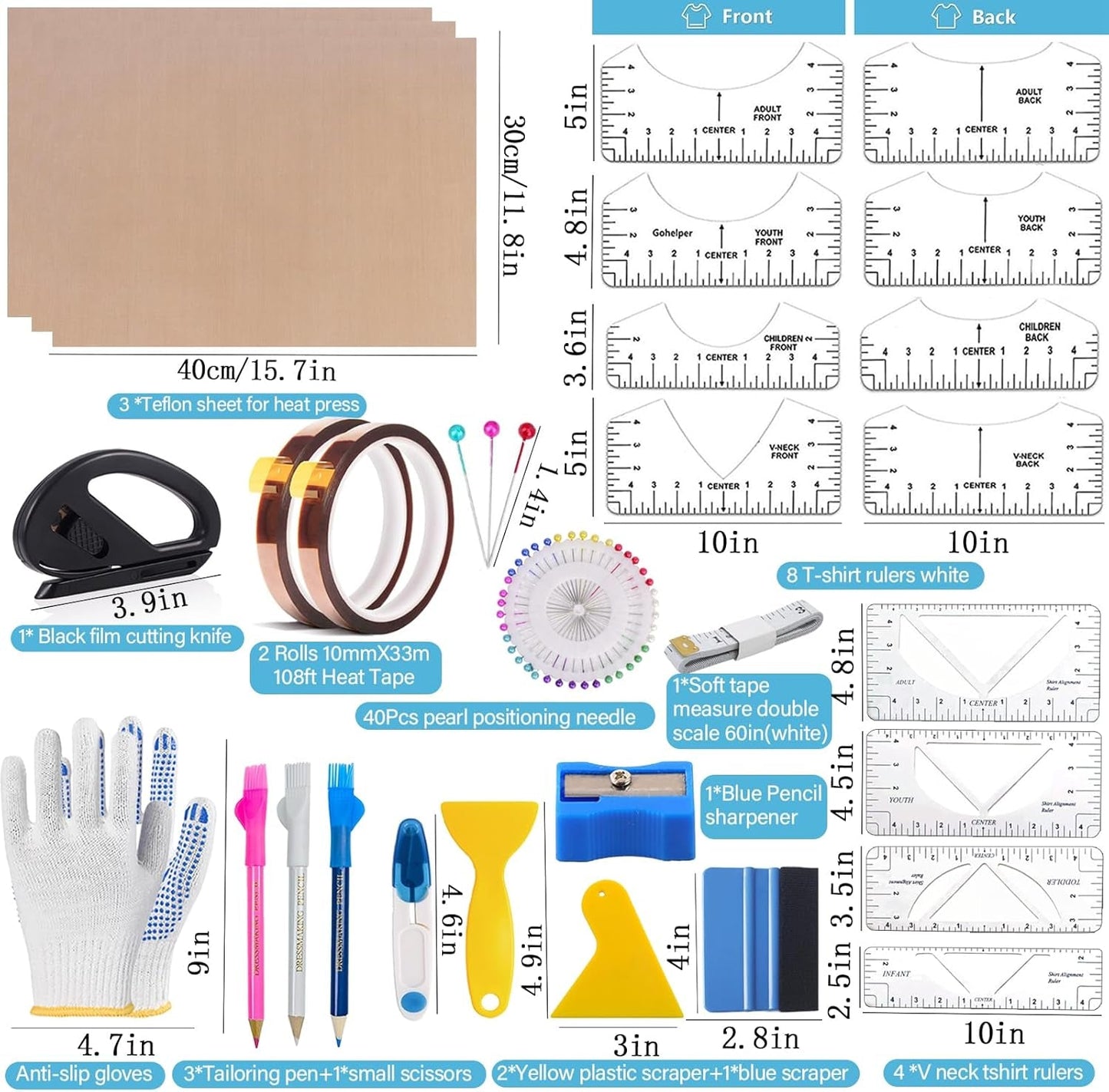 Sublimation Shirts Tool Kits 66 Pcs Shirt Measure Ruler Set Reusable round Neck and V-Neck Alignment T-Shirt Guide Ruler Teflon Sheet for Heat Press 12 X 16In Heat Resistant Tape