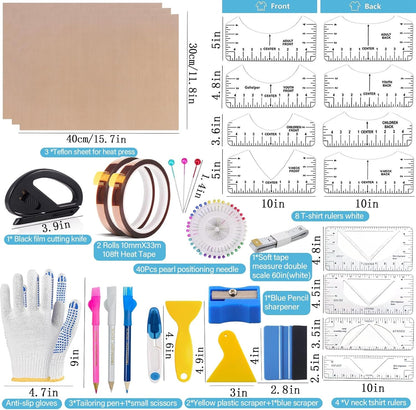 Sublimation Shirts Tool Kits 66 Pcs Shirt Measure Ruler Set Reusable round Neck and V-Neck Alignment T-Shirt Guide Ruler Teflon Sheet for Heat Press 12 X 16In Heat Resistant Tape